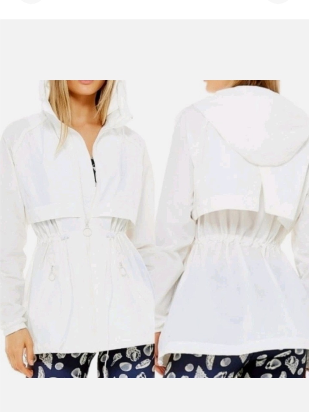 The Upside Performance Anorak Jacket in white. Lightweight. Hooded drawstring XS